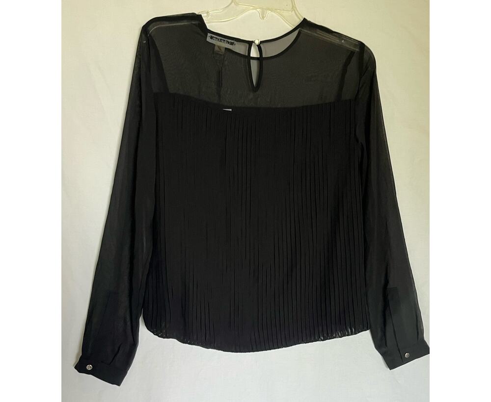 Calvin Klein Women's Black Pleated Long Sleeve Blouse Size S Sheer with buttons